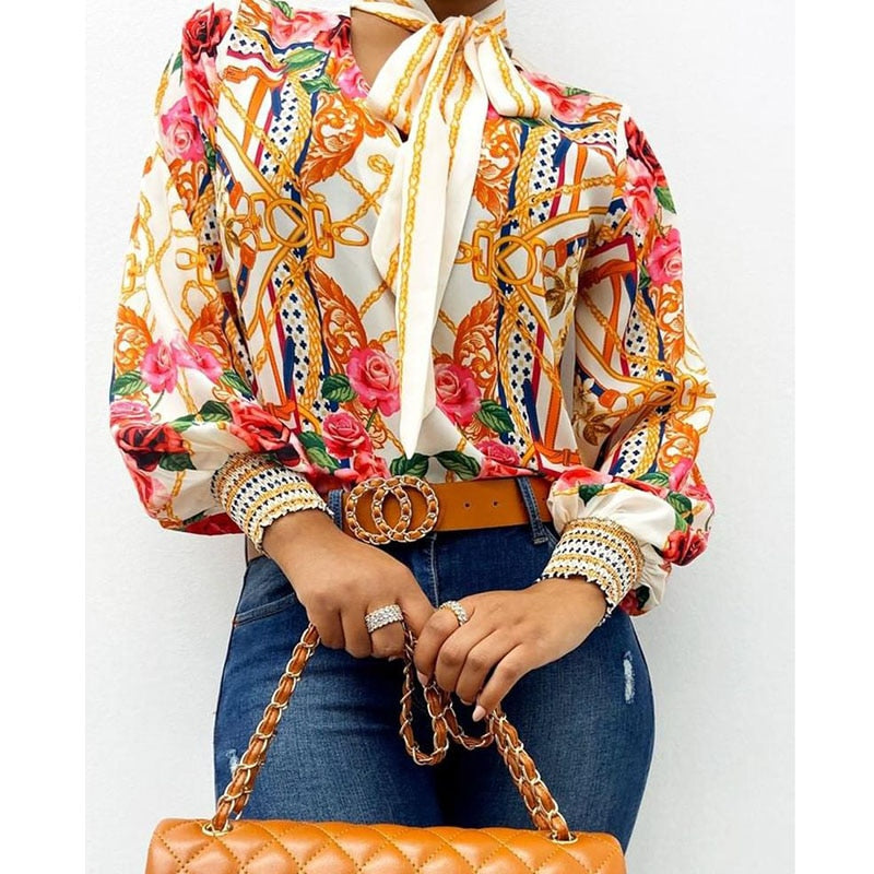 Scarf Neck Baroque Print  Lantern Sleeve Blouse Shirt