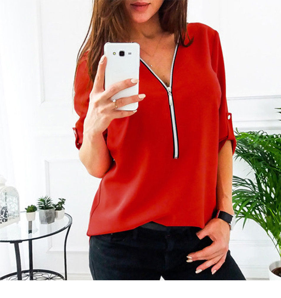 LAAMEI Zipper Short Sleeve Sexy V Neck Top