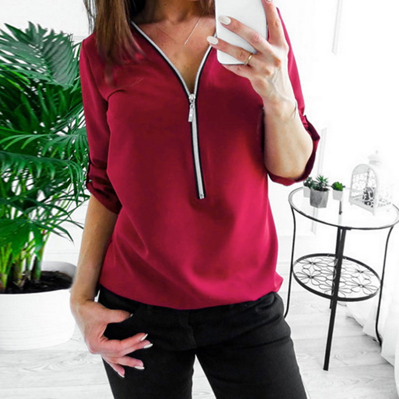 LAAMEI Zipper Short Sleeve Sexy V Neck Top