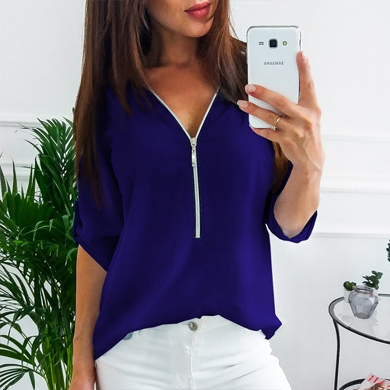 LAAMEI Zipper Short Sleeve Sexy V Neck Top