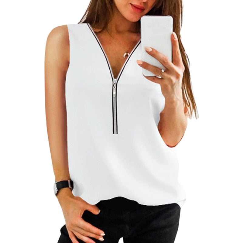 LAAMEI Zipper Short Sleeve Sexy V Neck Top