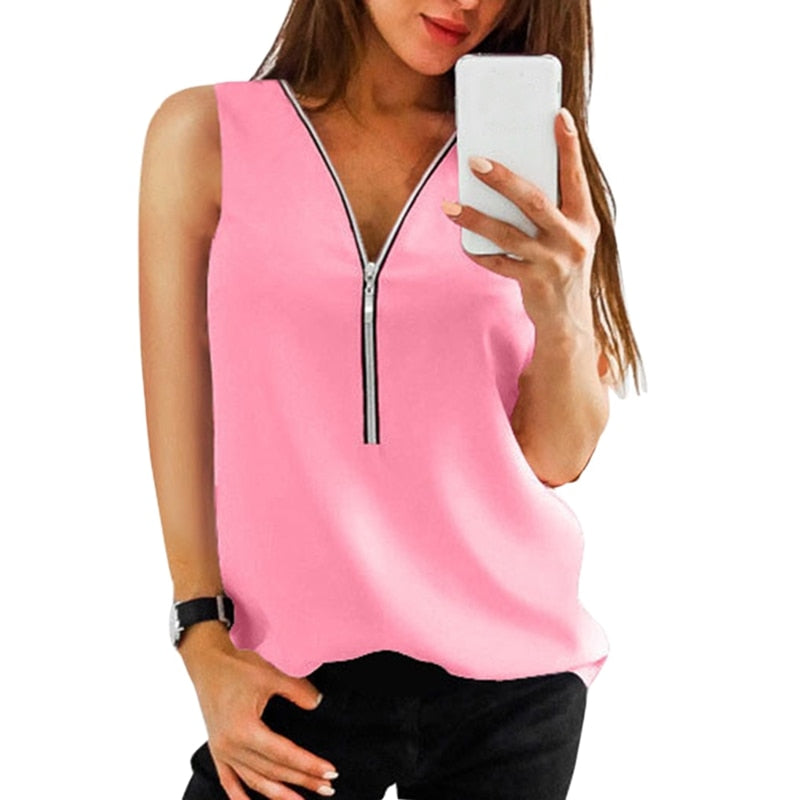 LAAMEI Zipper Short Sleeve Sexy V Neck Top