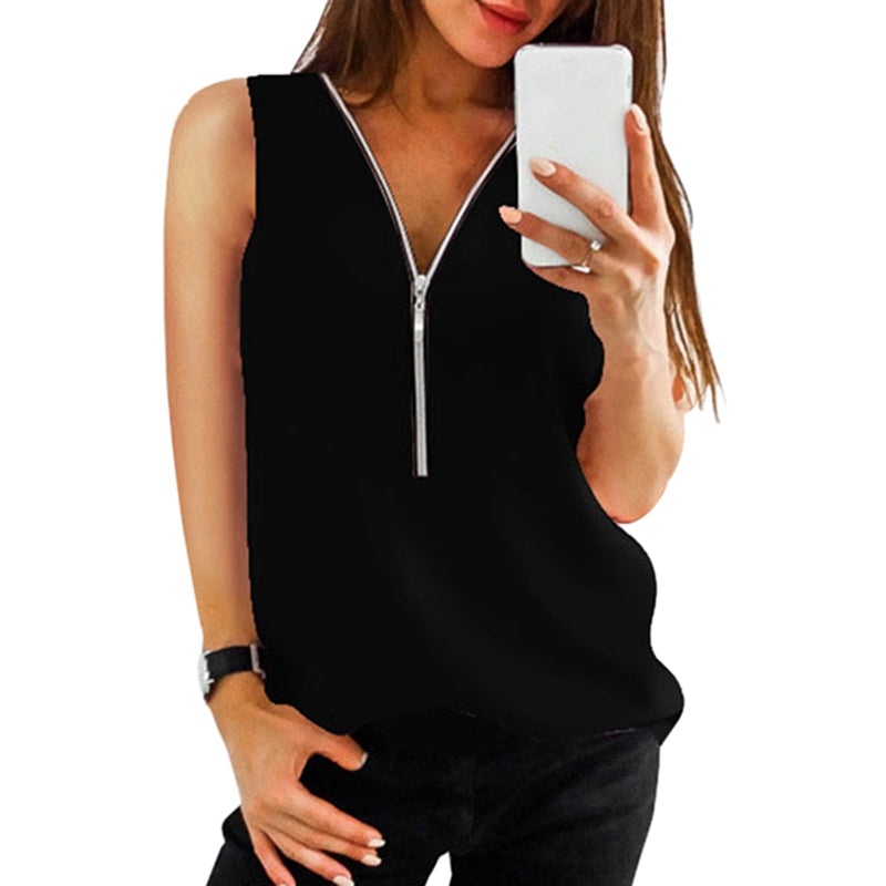 LAAMEI Zipper Short Sleeve Sexy V Neck Top