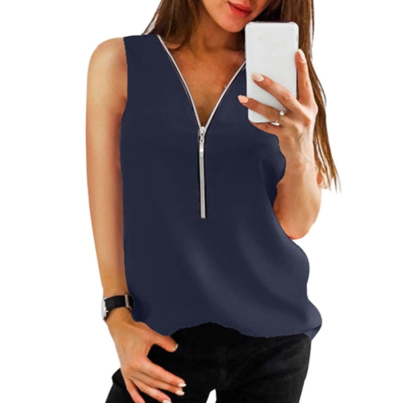 LAAMEI Zipper Short Sleeve Sexy V Neck Top