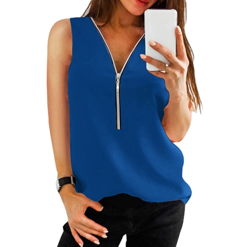 LAAMEI Zipper Short Sleeve Sexy V Neck Top