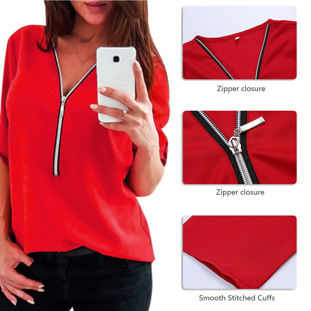 LAAMEI Zipper Short Sleeve Sexy V Neck Top