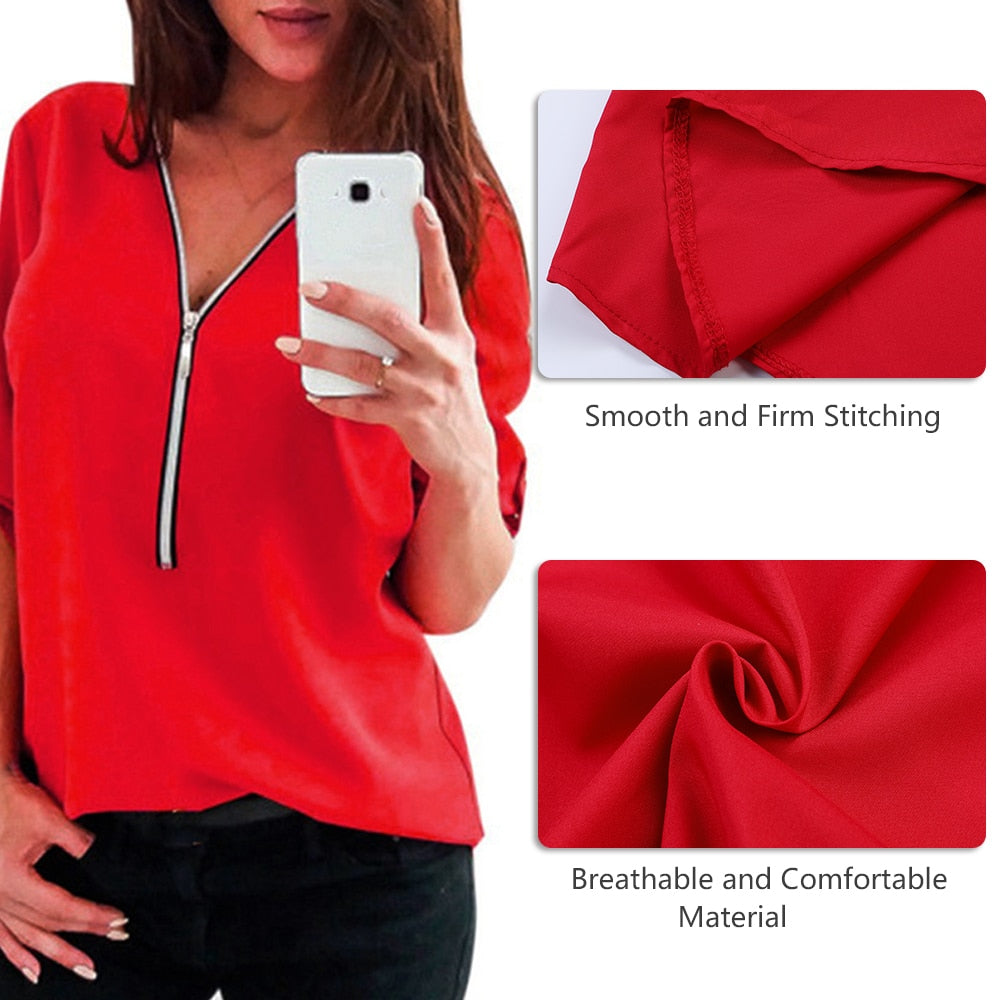 LAAMEI Zipper Short Sleeve Sexy V Neck Top