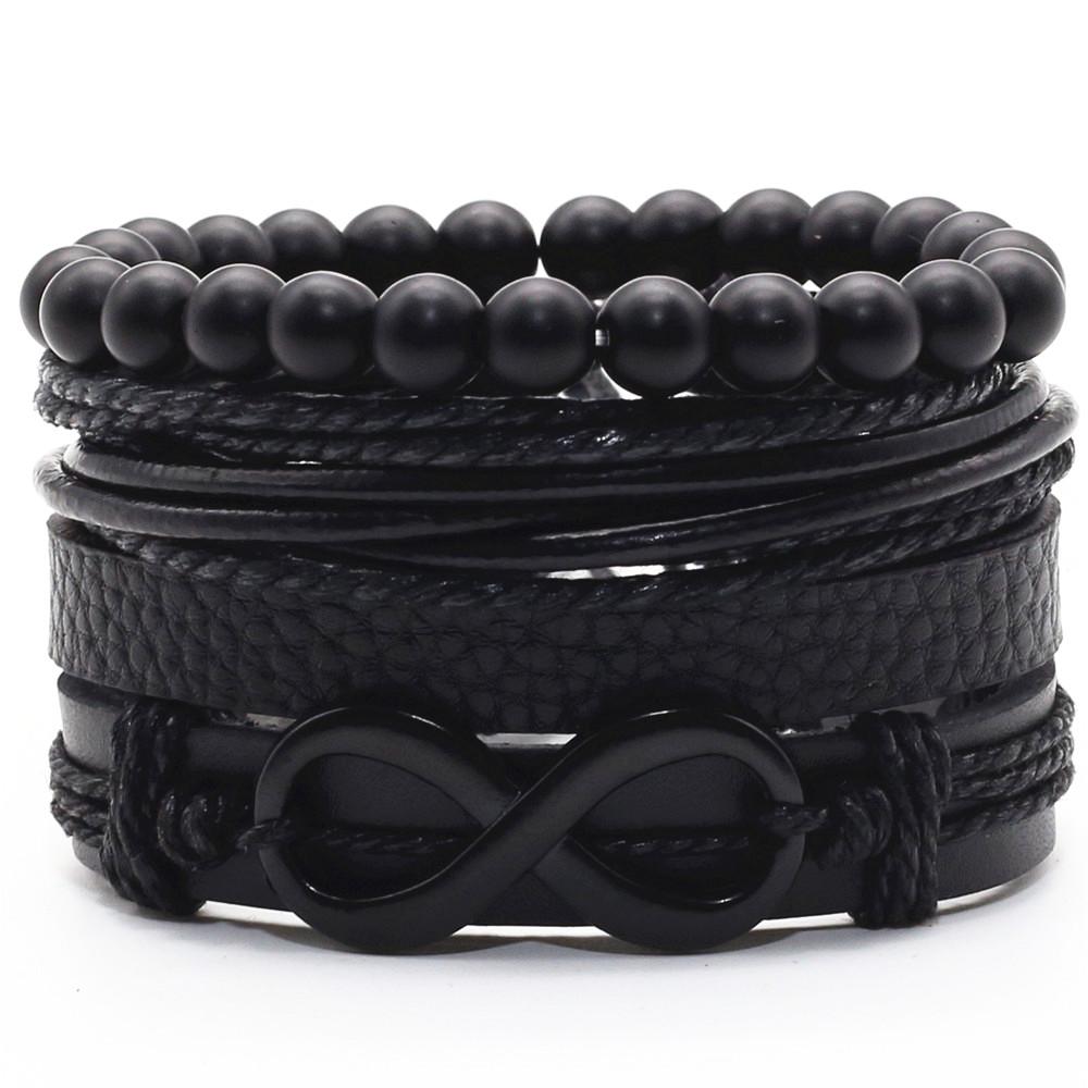 Infinity Black Beads Charm Link Alloy Handmade Woven Men Leather Bracelets Women Vintage Bangle Male Jewelry Accessories