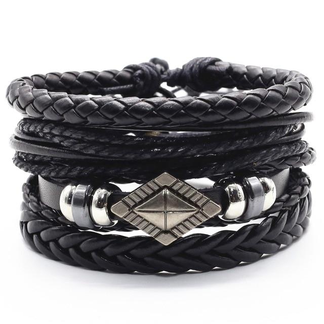 Infinity Black Beads Charm Link Alloy Handmade Woven Men Leather Bracelets Women Vintage Bangle Male Jewelry Accessories