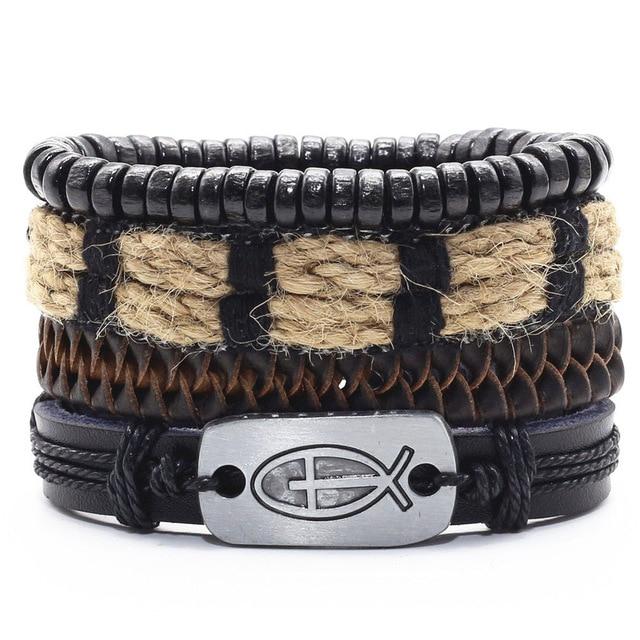 Infinity Black Beads Charm Link Alloy Handmade Woven Men Leather Bracelets Women Vintage Bangle Male Jewelry Accessories