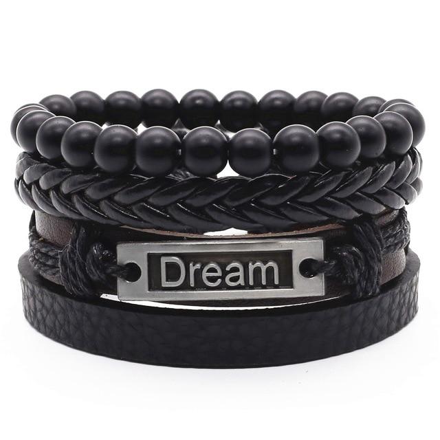 Infinity Black Beads Charm Link Alloy Handmade Woven Men Leather Bracelets Women Vintage Bangle Male Jewelry Accessories