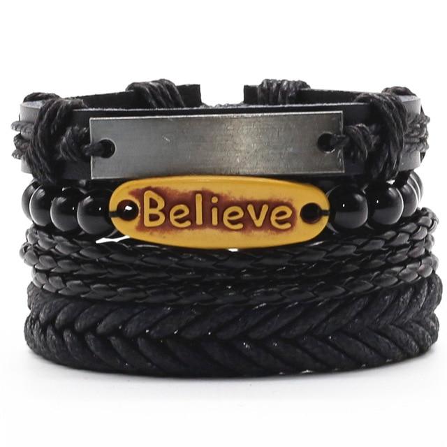 Infinity Black Beads Charm Link Alloy Handmade Woven Men Leather Bracelets Women Vintage Bangle Male Jewelry Accessories