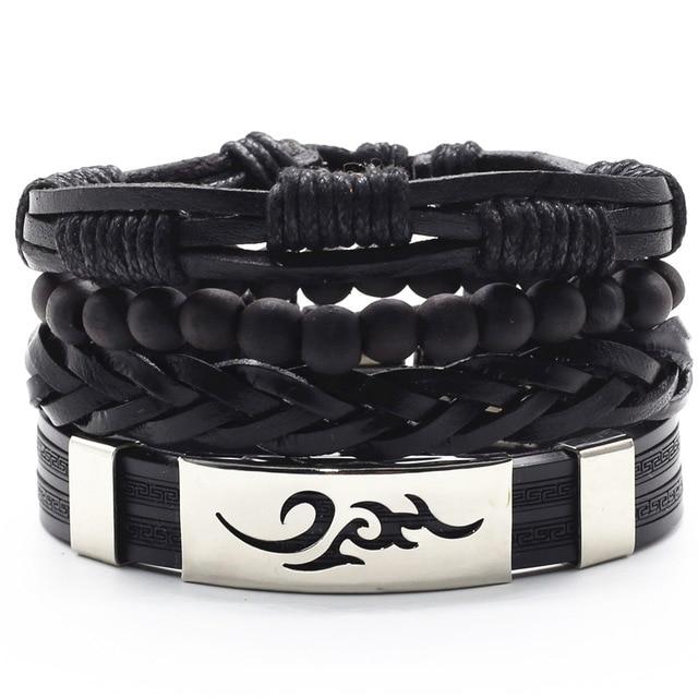 Infinity Black Beads Charm Link Alloy Handmade Woven Men Leather Bracelets Women Vintage Bangle Male Jewelry Accessories