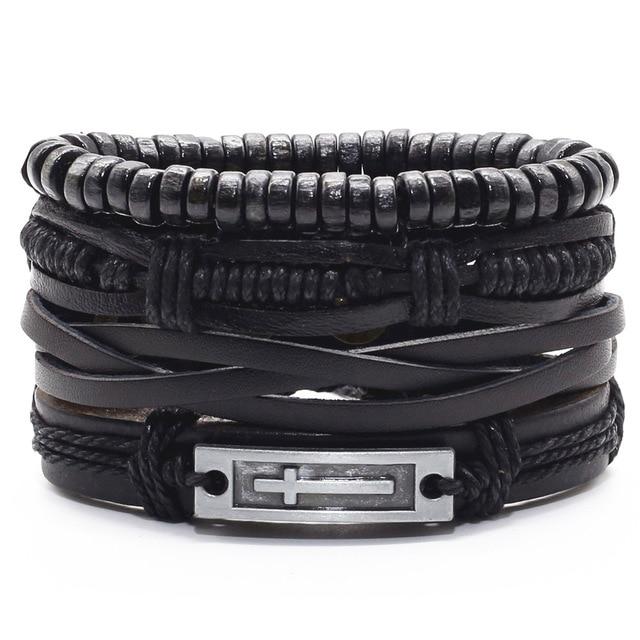 Infinity Black Beads Charm Link Alloy Handmade Woven Men Leather Bracelets Women Vintage Bangle Male Jewelry Accessories