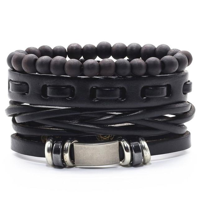 Infinity Black Beads Charm Link Alloy Handmade Woven Men Leather Bracelets Women Vintage Bangle Male Jewelry Accessories
