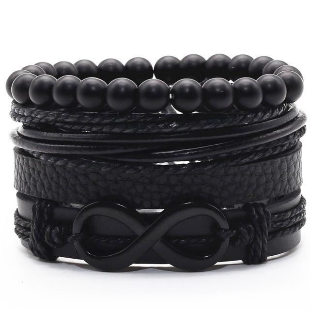 Infinity Black Beads Charm Link Alloy Handmade Woven Men Leather Bracelets Women Vintage Bangle Male Jewelry Accessories