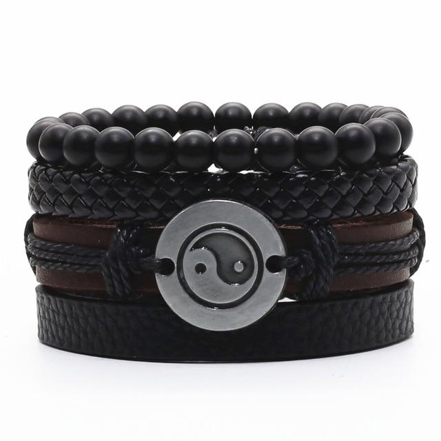 Infinity Black Beads Charm Link Alloy Handmade Woven Men Leather Bracelets Women Vintage Bangle Male Jewelry Accessories