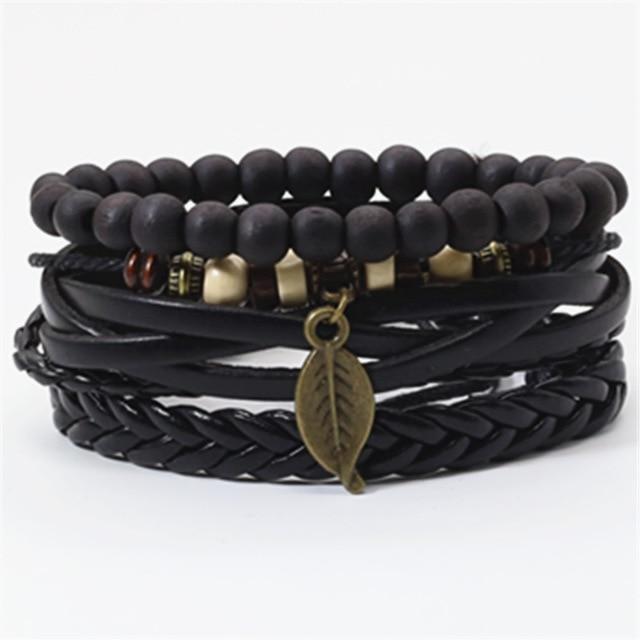 Infinity Black Beads Charm Link Alloy Handmade Woven Men Leather Bracelets Women Vintage Bangle Male Jewelry Accessories