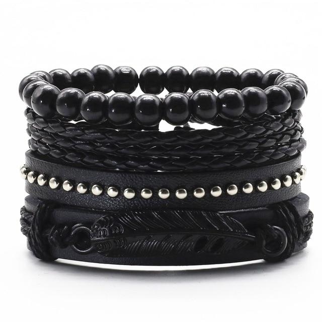 Infinity Black Beads Charm Link Alloy Handmade Woven Men Leather Bracelets Women Vintage Bangle Male Jewelry Accessories