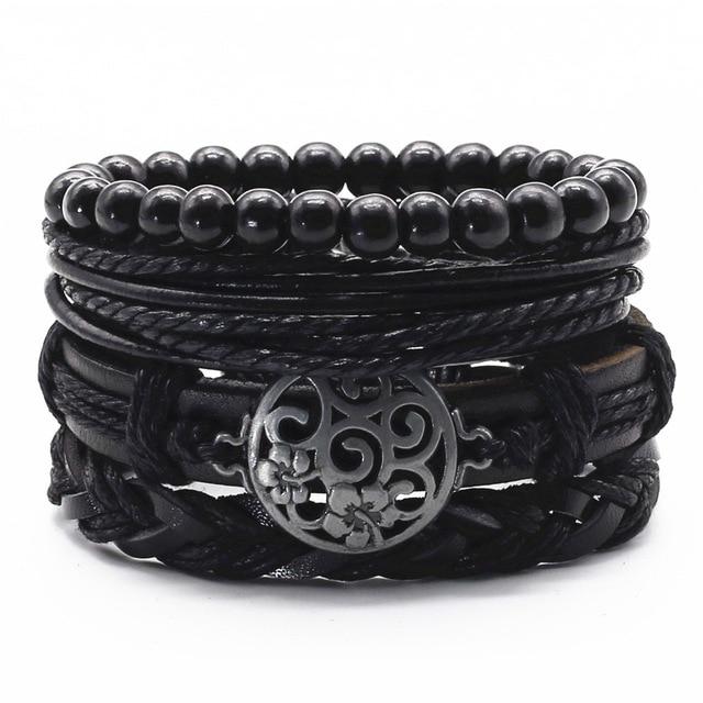 Infinity Black Beads Charm Link Alloy Handmade Woven Men Leather Bracelets Women Vintage Bangle Male Jewelry Accessories
