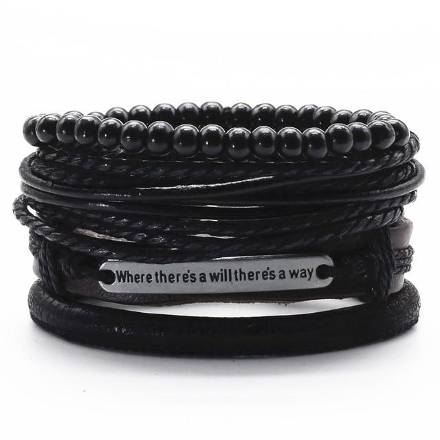 Infinity Black Beads Charm Link Alloy Handmade Woven Men Leather Bracelets Women Vintage Bangle Male Jewelry Accessories