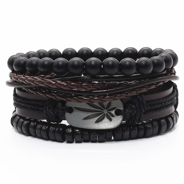Infinity Black Beads Charm Link Alloy Handmade Woven Men Leather Bracelets Women Vintage Bangle Male Jewelry Accessories