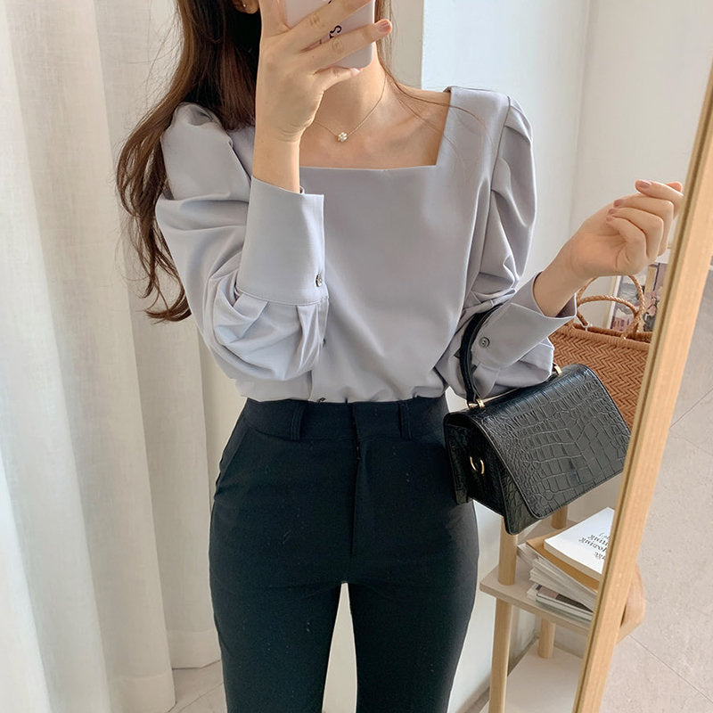 Square Collar Lantern High Quality Loose Office Lady Stylish Shirt