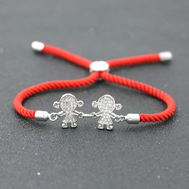 Charm Cute Copper Inlay Zircon Crystal Two Boys Two Girls Bracelet Lucky Red Rope Thread