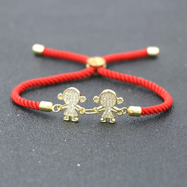 Charm Cute Copper Inlay Zircon Crystal Two Boys Two Girls Bracelet Lucky Red Rope Thread