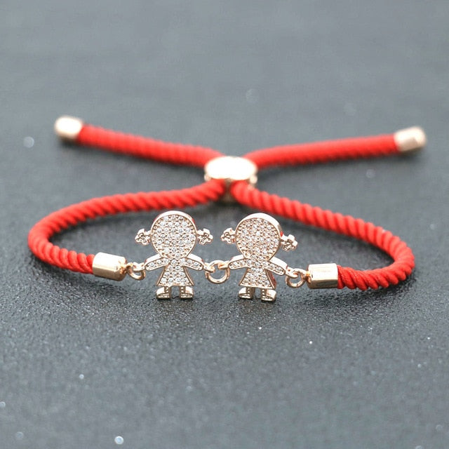 Charm Cute Copper Inlay Zircon Crystal Two Boys Two Girls Bracelet Lucky Red Rope Thread