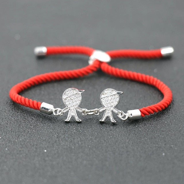 Charm Cute Copper Inlay Zircon Crystal Two Boys Two Girls Bracelet Lucky Red Rope Thread