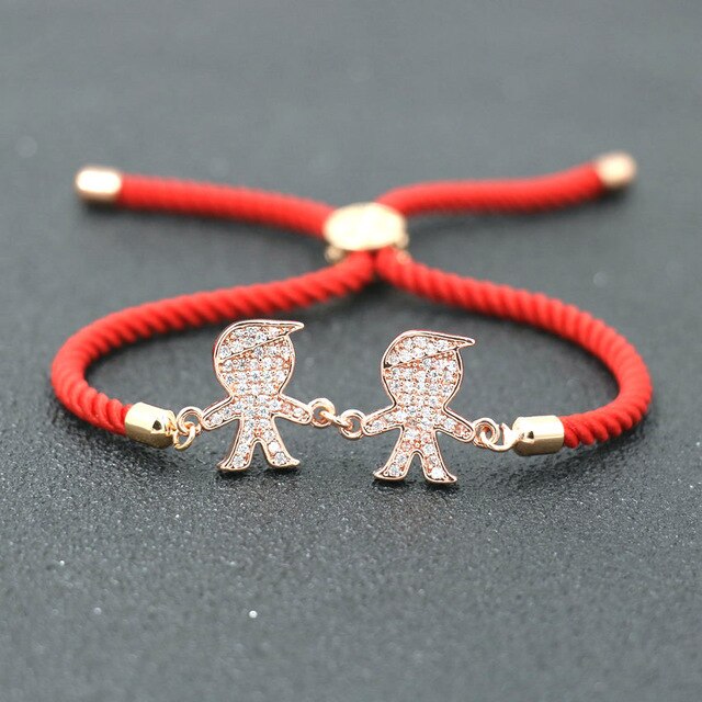 Charm Cute Copper Inlay Zircon Crystal Two Boys Two Girls Bracelet Lucky Red Rope Thread