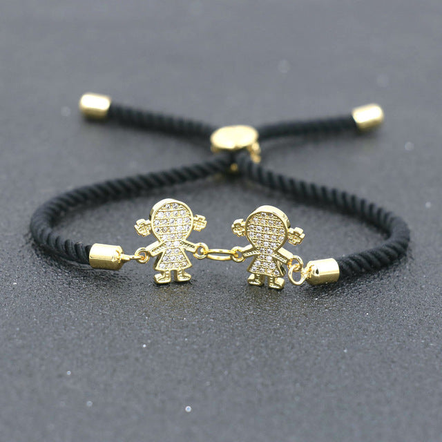 Charm Cute Copper Inlay Zircon Crystal Two Boys Two Girls Bracelet Lucky Red Rope Thread