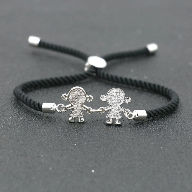 Charm Cute Copper Inlay Zircon Crystal Two Boys Two Girls Bracelet Lucky Red Rope Thread
