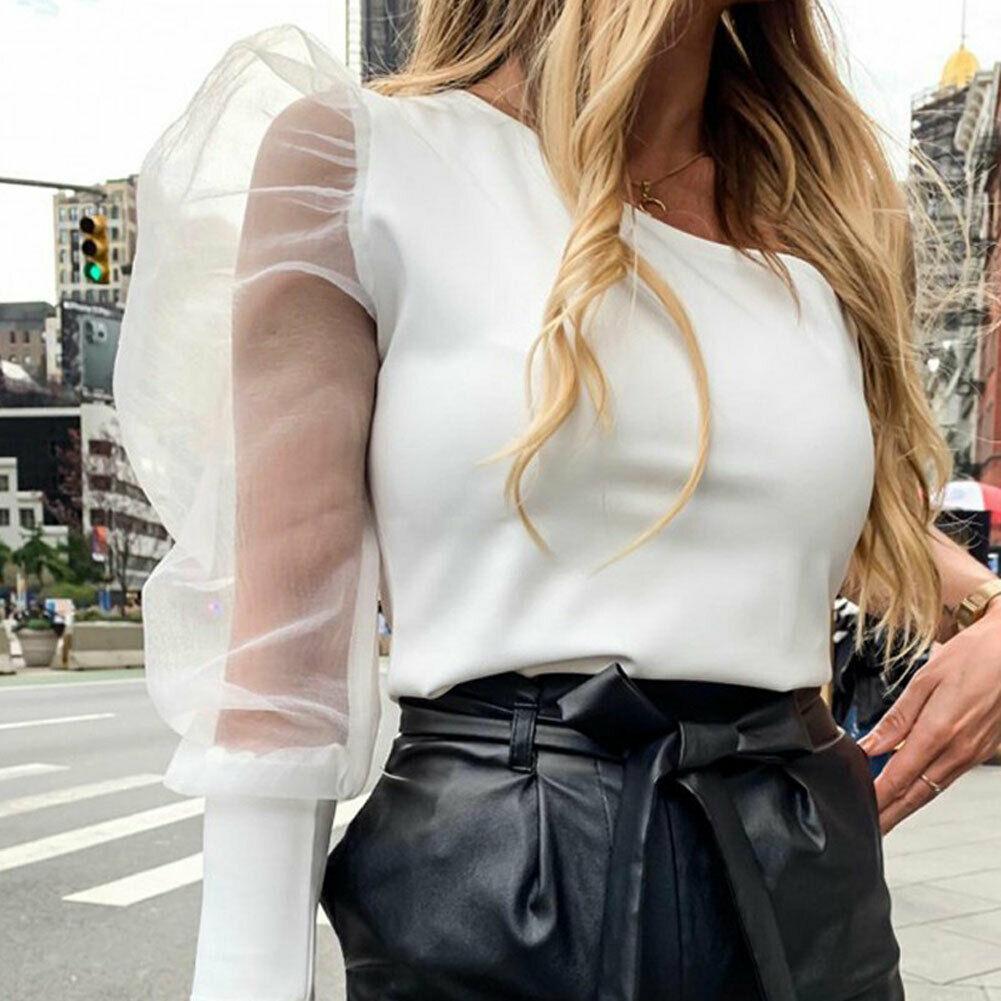 Net Mesh Blouse Sheer Puff Sleeve