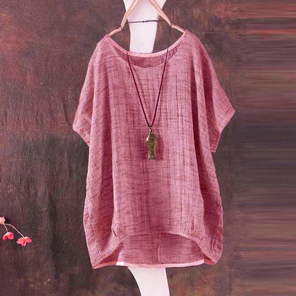 Linen Loose Shirt O Neck Short Sleeve  Tops