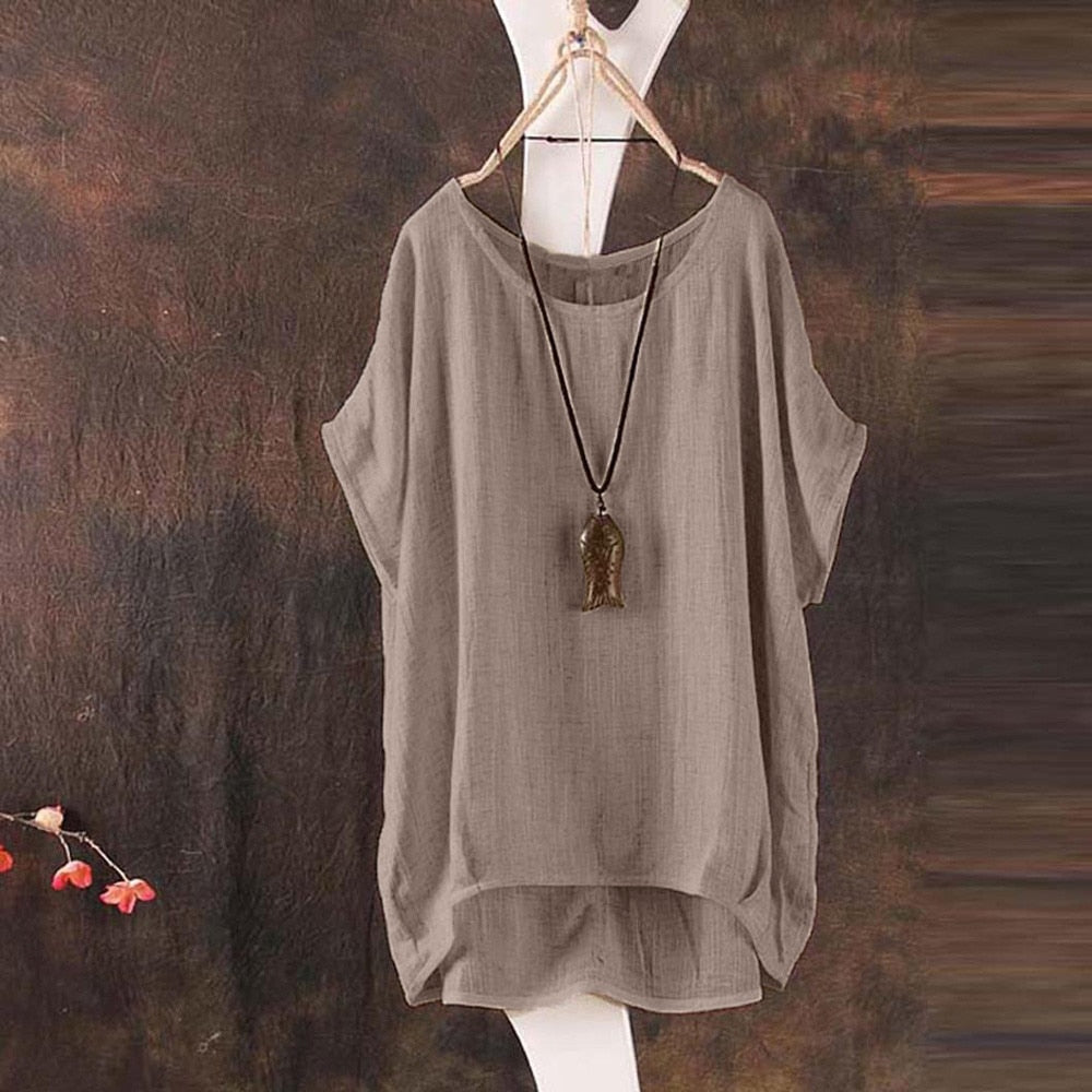 Linen Loose Shirt O Neck Short Sleeve  Tops