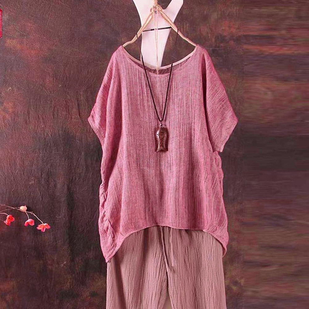 Linen Loose Shirt O Neck Short Sleeve  Tops