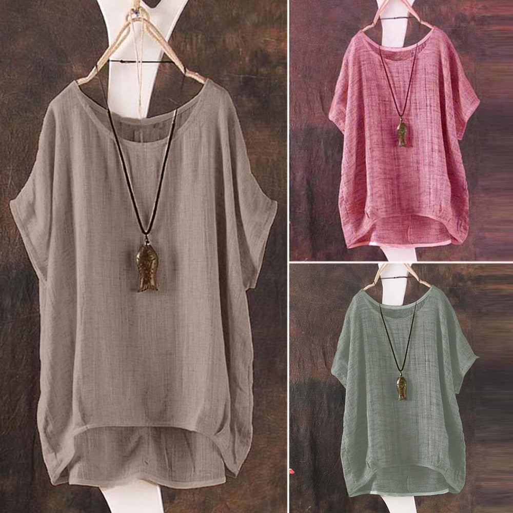 Linen Loose Shirt O Neck Short Sleeve  Tops
