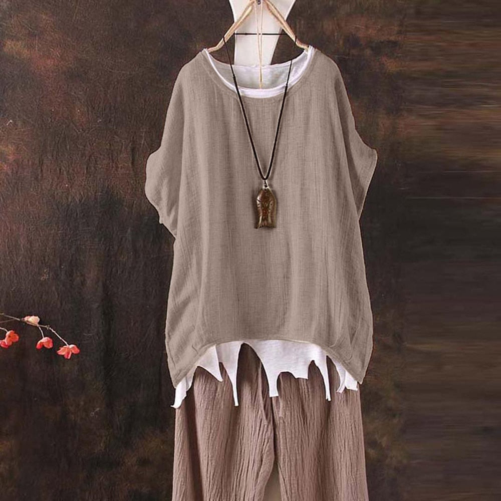 Linen Loose Shirt O Neck Short Sleeve  Tops