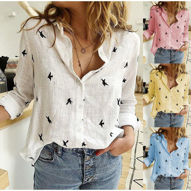 Birds Print Shirts Loose Casual Office Ladies Shirt