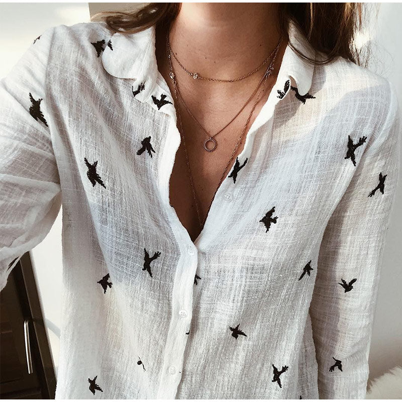 Birds Print Shirts Loose Casual Office Ladies Shirt