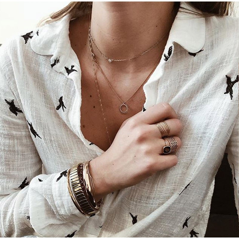 Birds Print Shirts Loose Casual Office Ladies Shirt