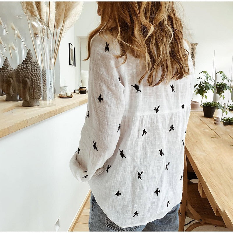 Birds Print Shirts Loose Casual Office Ladies Shirt