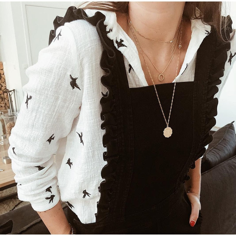 Birds Print Shirts Loose Casual Office Ladies Shirt
