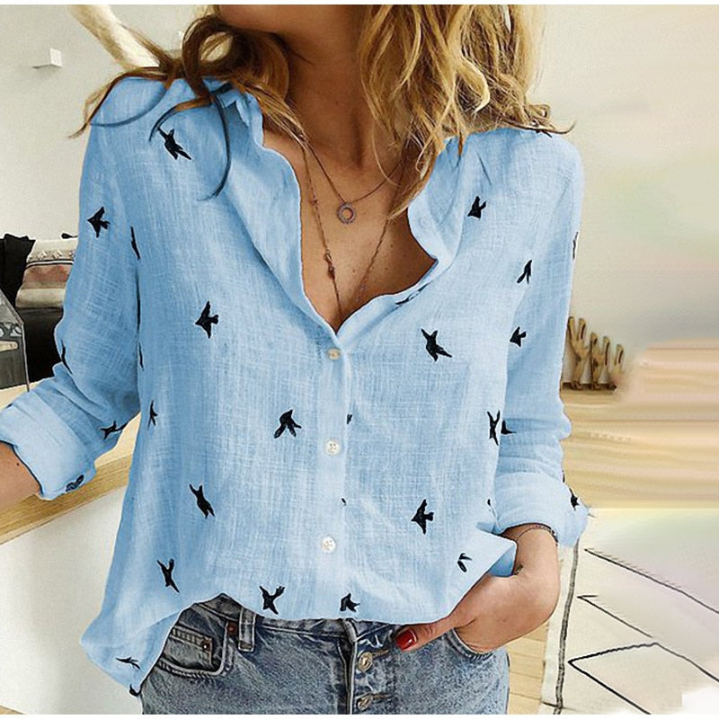 Birds Print Shirts Loose Casual Office Ladies Shirt