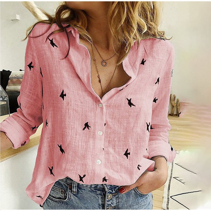 Birds Print Shirts Loose Casual Office Ladies Shirt