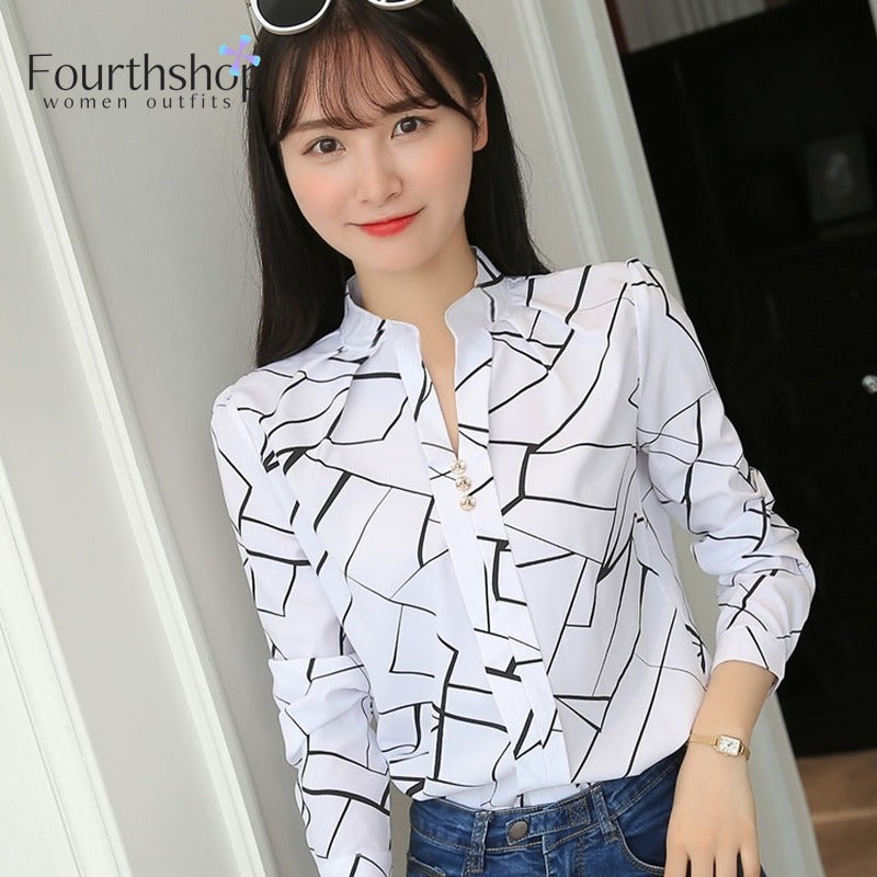Formal shirts Stripe Print Design Casual Long Sleeve Office Lady