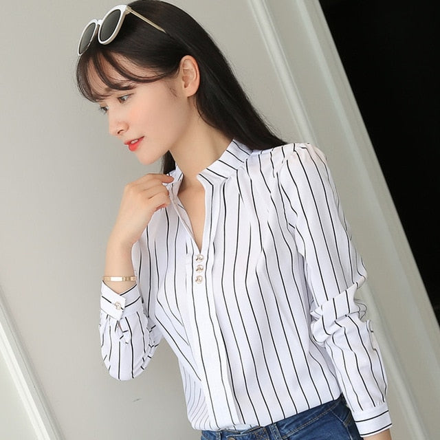 Formal shirts Stripe Print Design Casual Long Sleeve Office Lady