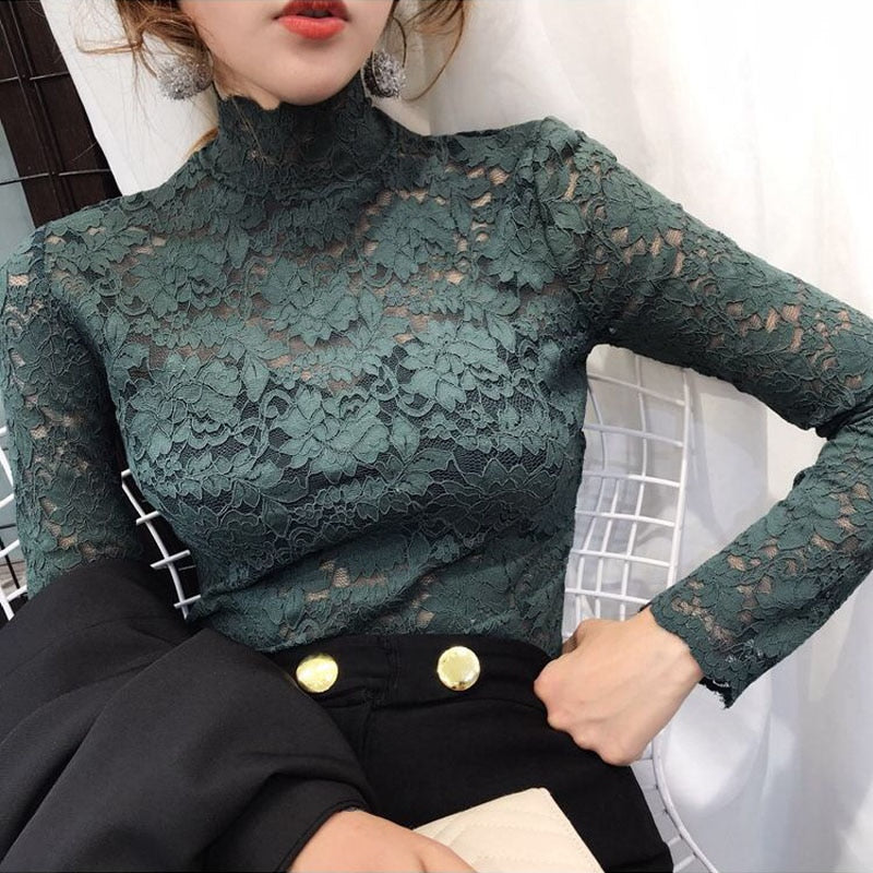 Elegant Floral Embroidery Elastic Blouse sexy Hollow Out Long Sleeve